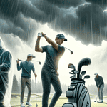 pga players swinging in the rain