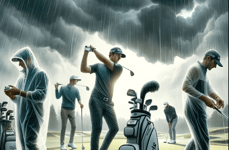 pga players swinging in the rain